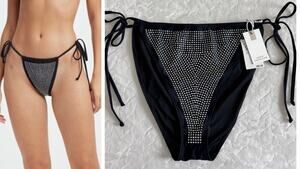 NWT Good American Size 6 or 3XL Rhinestone Bikini Bottom Black Side Tie GSW0497